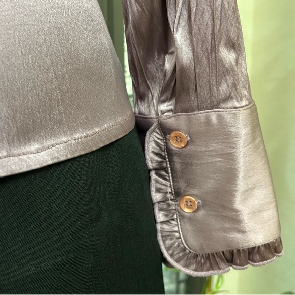 Ashely Purple Silky Ruffle Placket & Cuff Trim Button Front Stretch Blouse - Picture 6 of 8